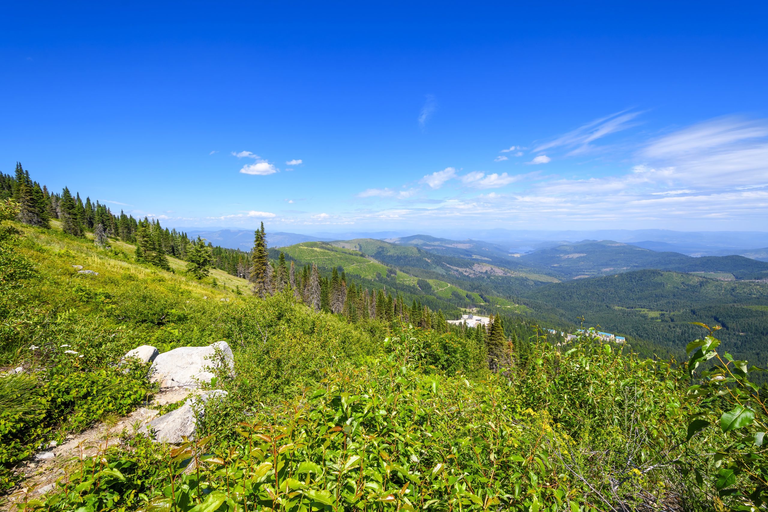 Steep mountain and lake views from the peak of Mt Spokane State Park overlooking the Spokane Washington, USA area on a summer day.